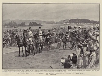 Die königliche Überprüfung in Aldershot, die Kolonialtruppen des Königs marschieren an der Königin vorbei